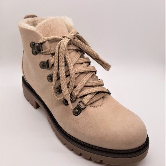 Beige Leather and Fur Lace Up Ankle Boots - Picture 2 of 7